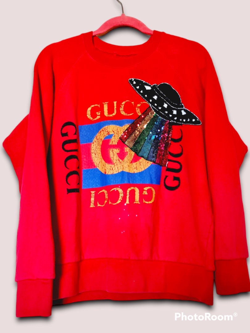 GUCCI Red Sequined Ufo Logo Print Sweatshirt L