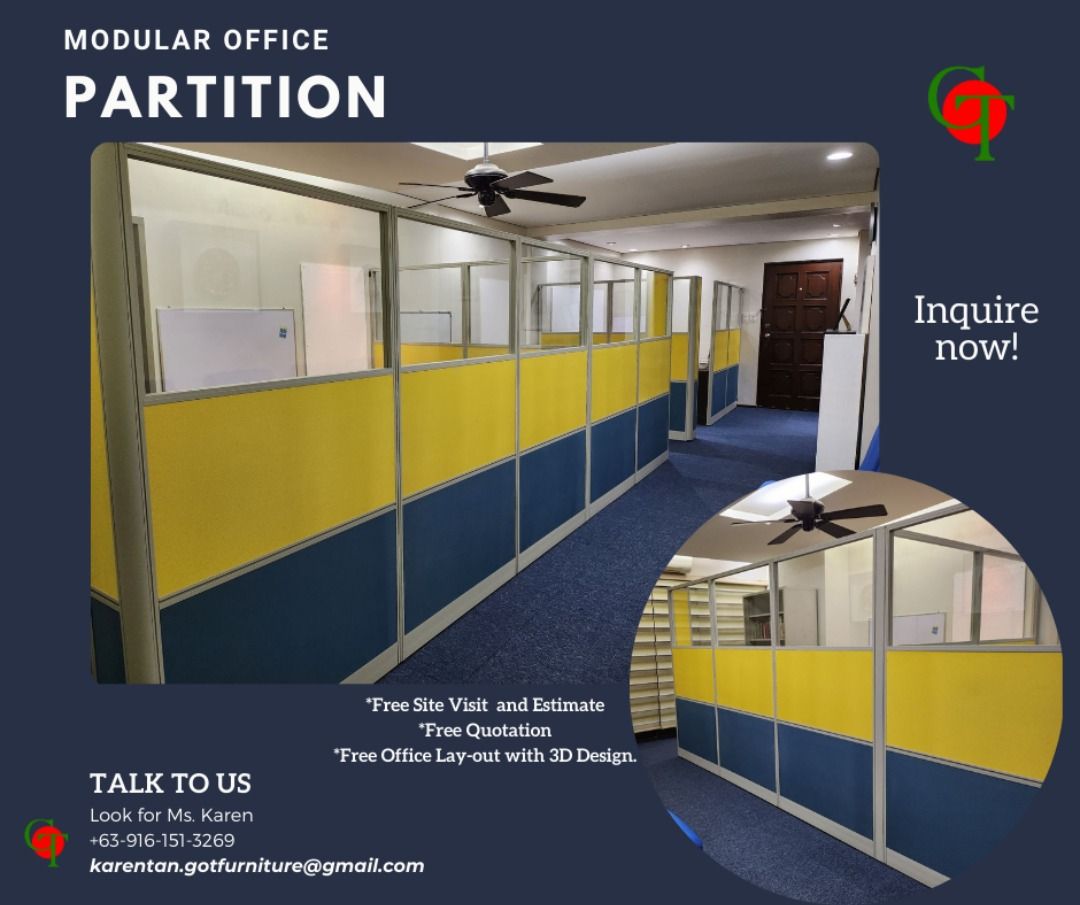 High Modular Partition/ Customizable Color and Size (Category: Office Furniture & Fixtures) located in Pasig City. Submitted by gotfurniture2023. (Listing ID 1290350579, Image 1). Description: INQUIRE NOW!! WE DELIVER AND INSTALL NATIONWIDE🇵🇭 *MORE DISCOUNT FOR BULK ORDERS! *WE CAN WORK ON YOUR BUDGET! *Free site visit around Metro Manila and nearby provinces. *Free Quotation. *Free Office Lay-out w/ 3D design. Contact us today to elevate your 