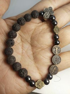 Lava beads with copper St. Benedict healing and protection rosary bracelet