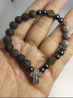 Lava stone beads with hematite, jasper stone St. Benedict healing and protection rosary bracelet