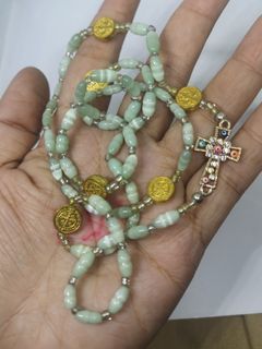 Made in turkey green cats eye beads with St Benedict & evil cross power protection rosary