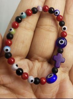 Made in Vatican Rome Anti usog red circles, black  onyx, evil eye beads with violet turquoise cross powerful protection baby bracelet