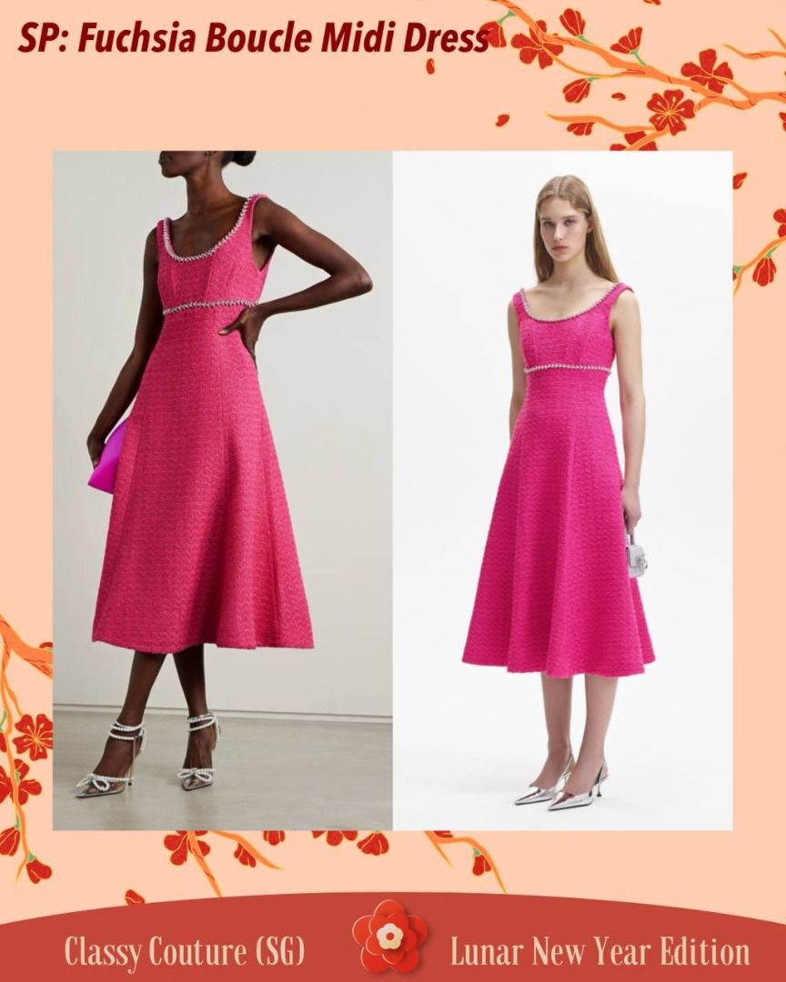 Self Portrait Fuchsia Boucle Midi Dress Crystal Embellished Pink Tweed Women s Fashion Dresses Sets Dresses on Carousell