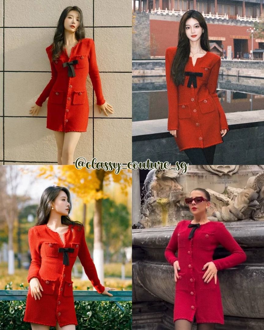 Self Portrait Red Melange Knit Mini Bow Dress, Women's Fashion, Dresses &  Sets, Dresses on Carousell
