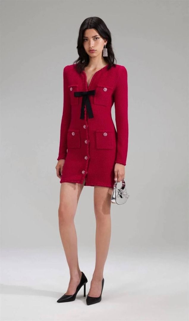 Self Portrait Red Melange Knit Mini Bow Dress, Women's Fashion, Dresses &  Sets, Dresses on Carousell