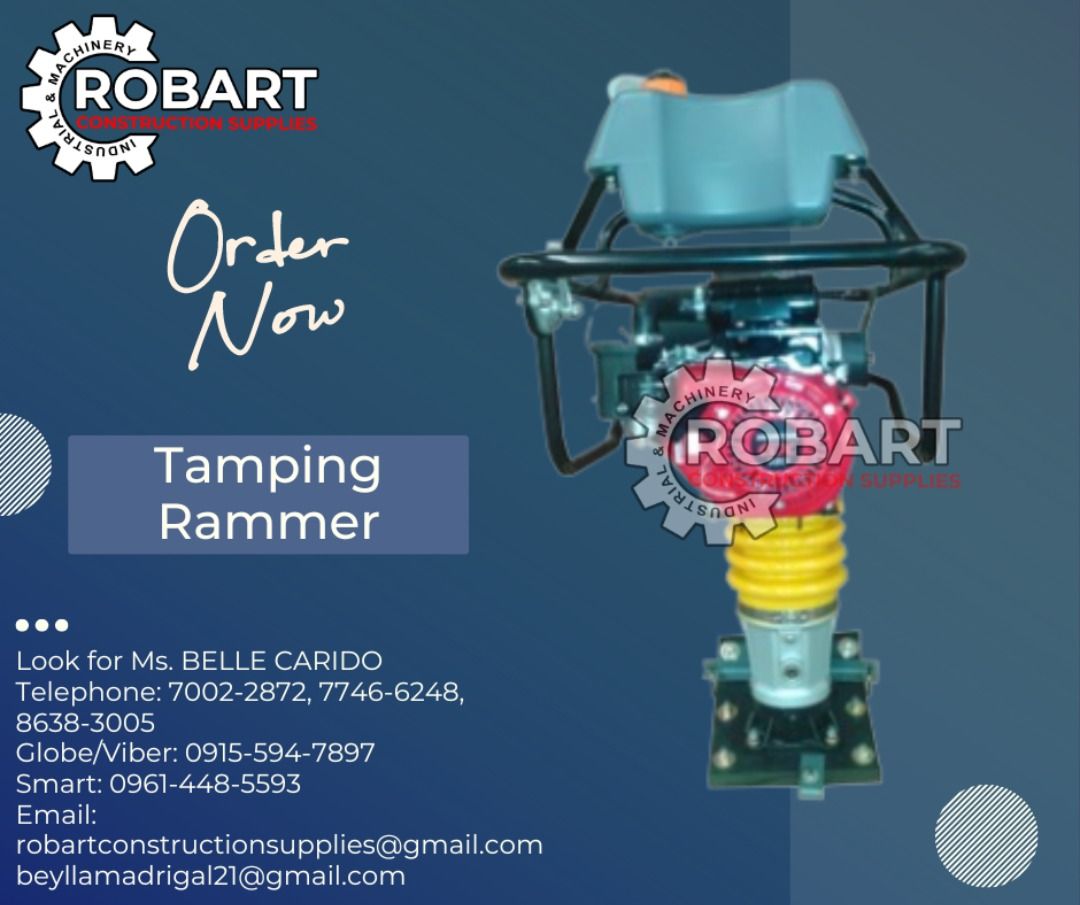 Tamping Rammer (Category: Construction Tools & Equipment) located in Manila. Submitted by bellarobart (Listing ID 1290343703, Image 1). Description: Tamping Rammer Brand: Yohino Model: HCD80K-GX160 Max. Horse Power: 5.5HP / 3600RPM 𝑹𝑶𝑩𝑨𝑹𝑻 𝑪𝑶𝑵𝑺𝑻𝑹𝑼𝑪𝑻𝑰𝑶𝑵 𝑺𝑼𝑷𝑷𝑳𝑰𝑬𝑺 #RobartConstructionSupplies #robartph #constructionmaterials #industrialsupply Office Address: 1405 Yuseco St. Sta Cruz Manila SEND US MESSAGE FOR INQUIRIES ‼️‼️ �