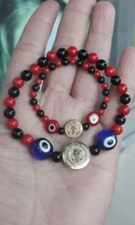 Anti usog Italy corals & black onyx with St. Benedict medallion protection of mother & child bracelet