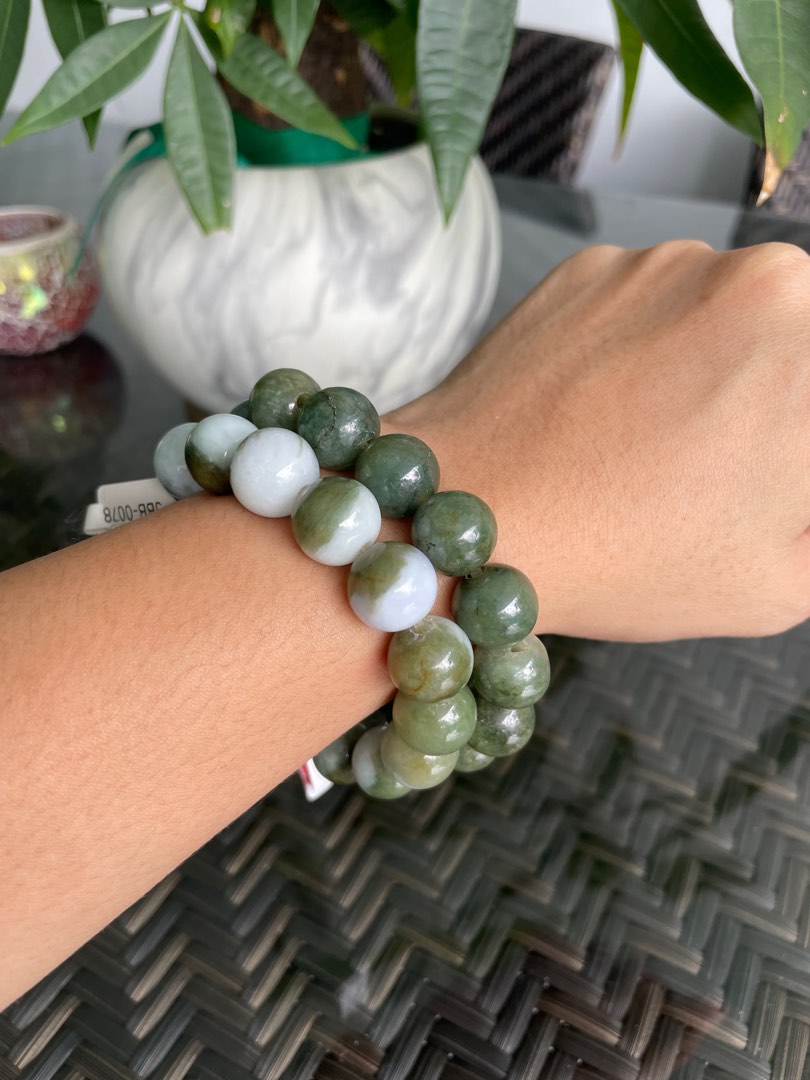 China Sea - Green Genuine Sea Glass Sterling Bracelet W/ Real Jade Beads  (SB1406)