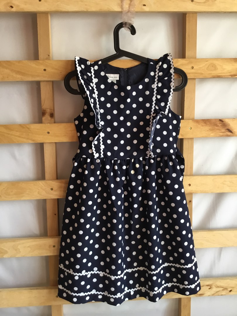 Bonnie Jean Navy Blue Polka Dot Dress with back ribbon belt Size