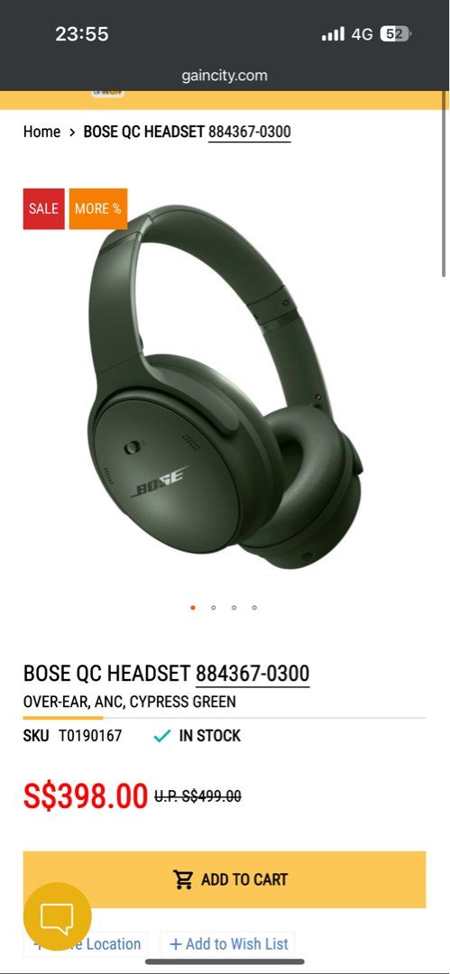 Bose QuietComfort Wireless Noise Cancelling Over-Ear Headphones W Power,  Green 884367-0300