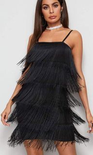 BRAND NEW NASTY GAL spaghetti strap fringe cocktail removable tube black sexy masquerade prom event formal party club