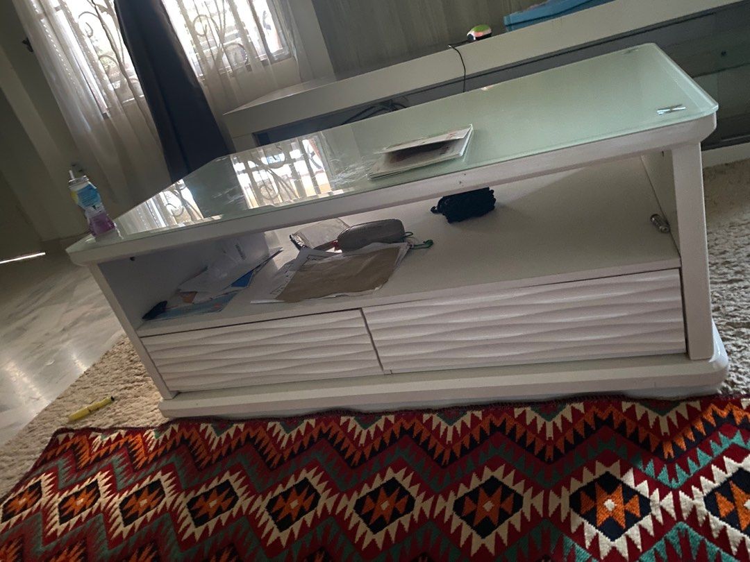 COFFEE TABLE (Category: Tables & Sets) located in Kuala Lumpur. Submitted by aleyaawardrobe (Listing ID 1283962360, Image 1). Description: Top dia kaca & masih cantik.. nak let go nak pindah rumah.. ada 2 drawer sekali di side dia .