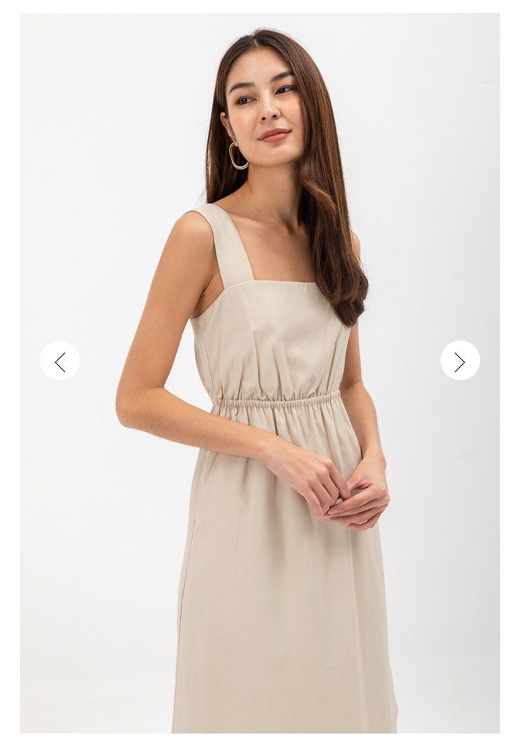 ELINA SQUARENECK ELASTIC WAISTBAND MIDI DRESS IN ECRU