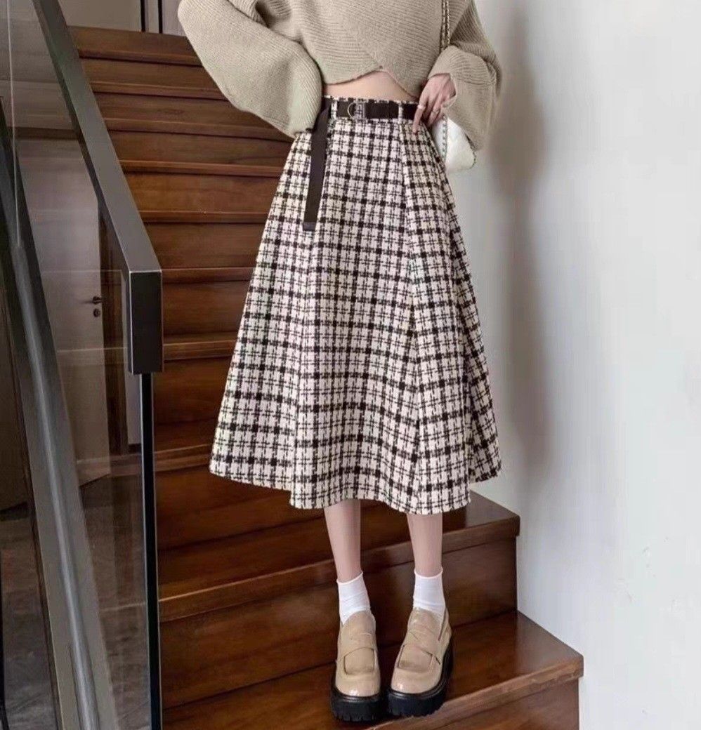 Khaki plaid wool skirt hot sale
