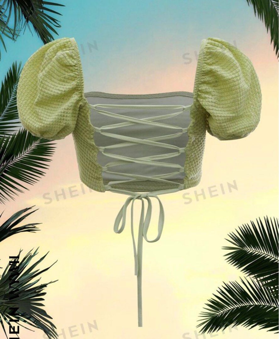 Lime Green Puff Sleeve Lace Up Backless Crop Top (Category: Others Tops) located in Manila. Submitted by prelovedchicph (Listing ID 1284067340, Image 2). Description: • Very nakaka sexy 🤚🏻 • Still in very good condition •Perfect for the for my hubadera girlies 🫶🏻 • RFS: need more closet space! • DM for ww ✨.