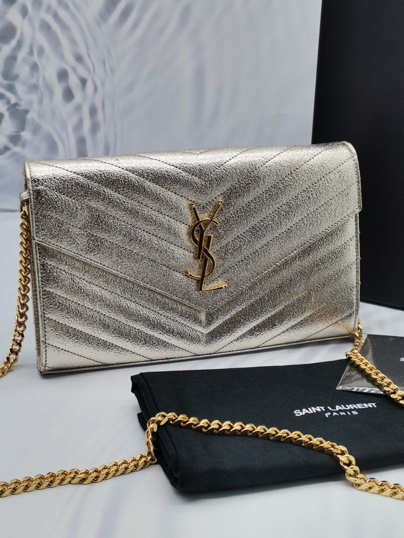 NEW YEAR SALE YSL SAINT LAURENT KATE MEDIUM FLAP BAG IN SILVER GOLD METALLIC LEATHER FULL SET