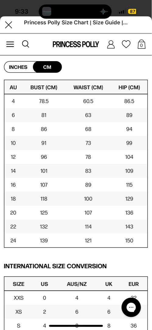 Princess Polly Size Chart, Size Guide