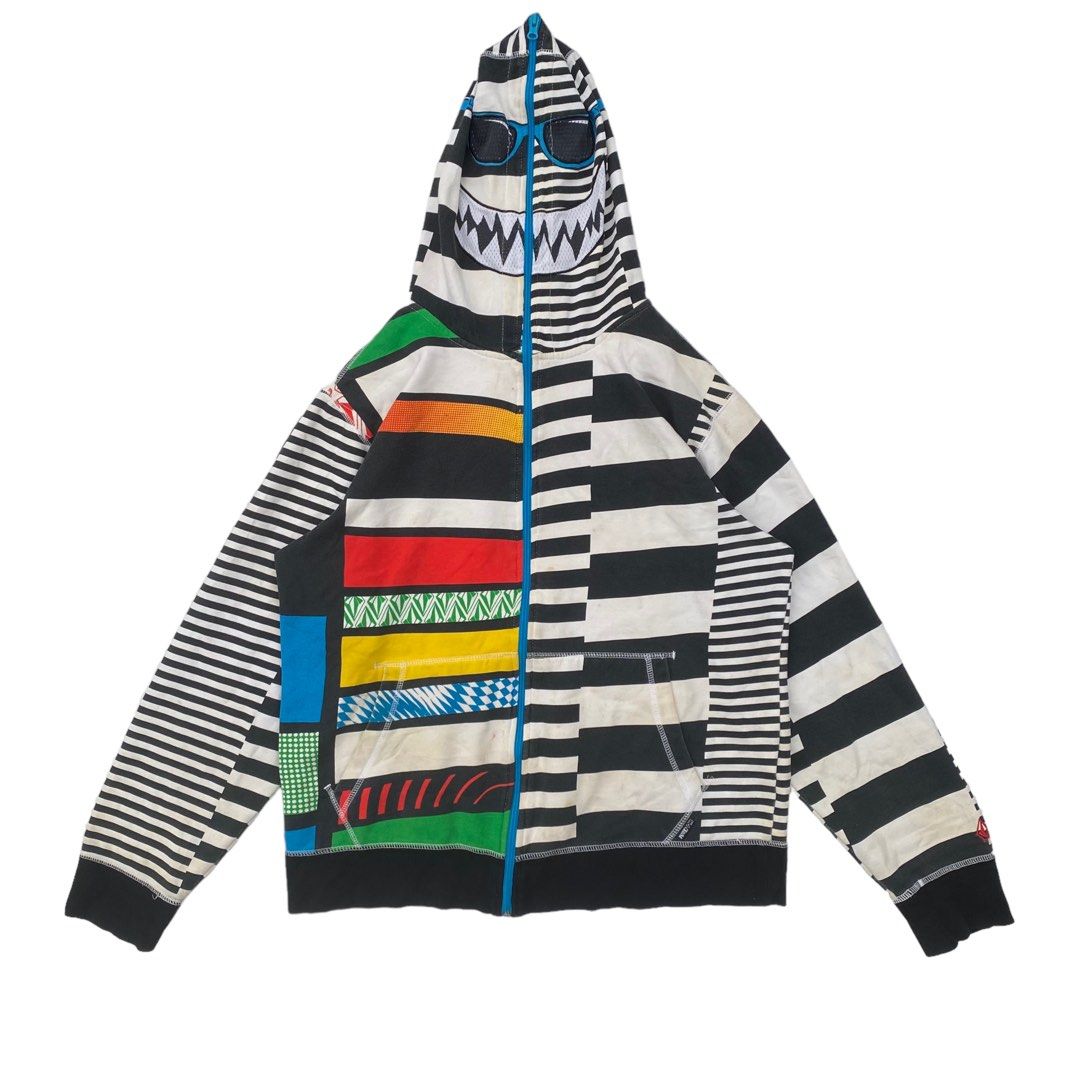 Rare OG Volcom Zip It Streetwear Assymetric Stripes Multicolour Overprint Exclusive Hoodie Iconic Ryan Sheckler