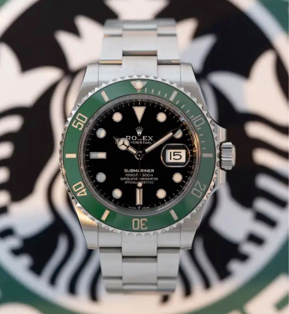 Rolex Submariner “Starbucks” (Category: Luxury Watches) located in Manila. Submitted by watchguyph (Listing ID 1284037787, Image 1). Description: Rolex Submariner “Starbucks” 41mm Green ceramic bezel Ref 126710 (2020) Complete set with papers 💯 Condition : mint Open to authentication 💯 Price: P910,000 Slighly negotiable Pm for inquiries.