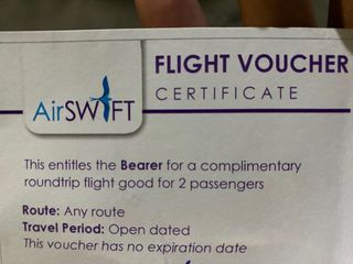 RUSH AND NEGOTIABLE AIRSWIFT FLIGHT VOUCHER CERTIFICATE