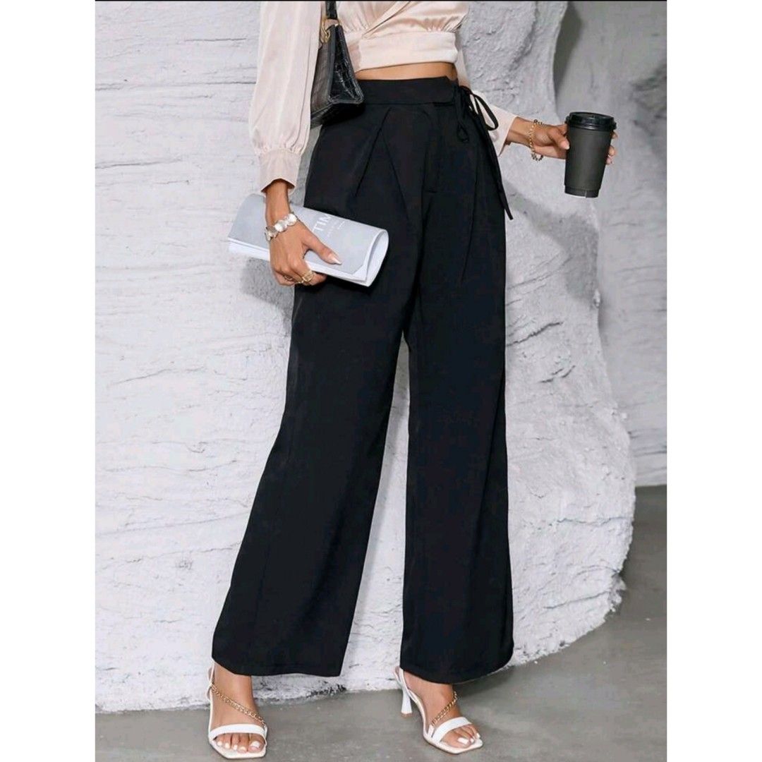 SHEIN Essnce Solid Knot Waist Straight Leg Pants