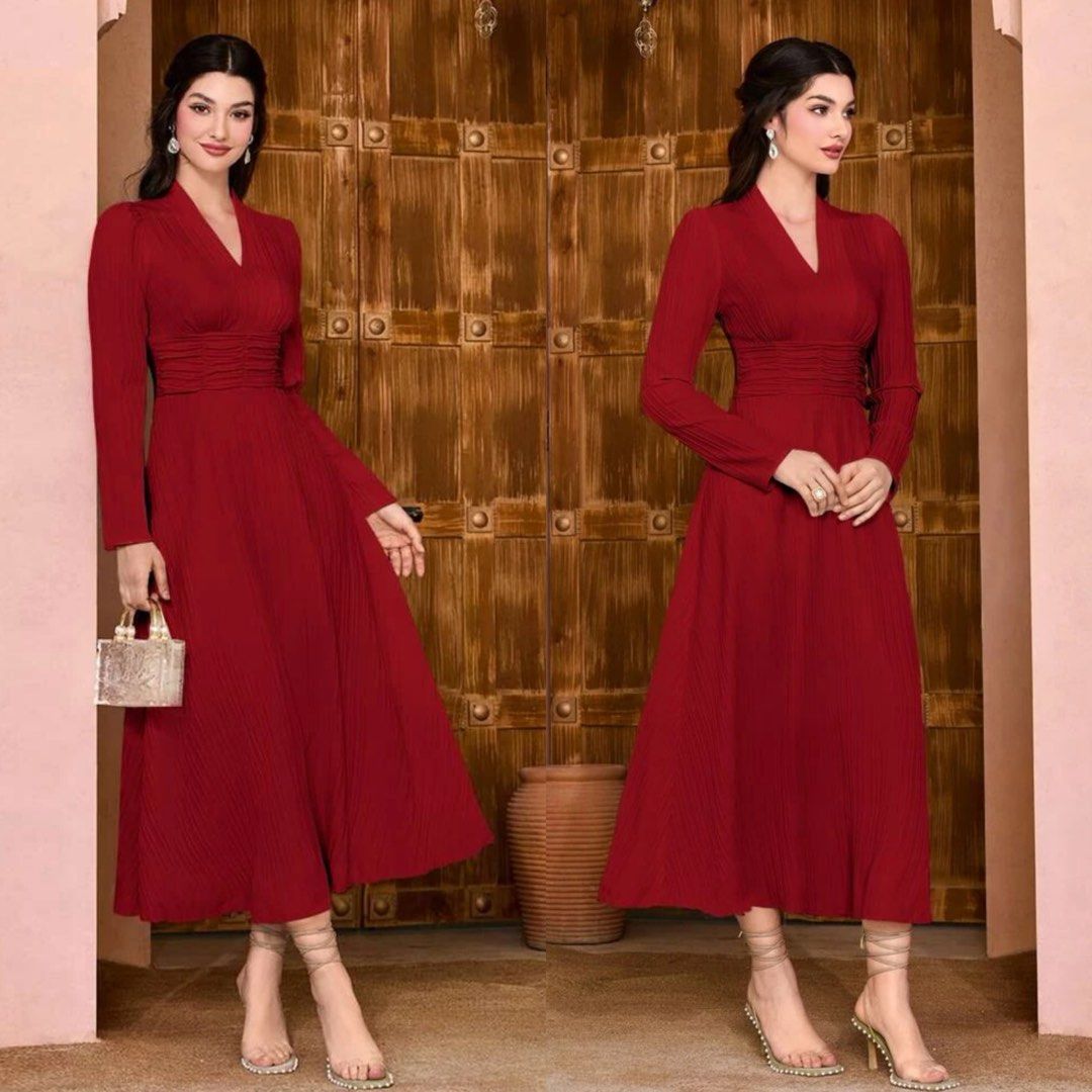 SHEIN Modely Solid Surplice Neck Ruched wine red maxi longsleeves long semi  formal elegant classy Dress, Women's Fashion, Dresses & Sets, Dresses on  Carousell