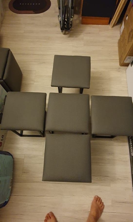 Stackable cube footstool stool (Category: Chairs) located in Kuala Lumpur. Submitted by timowr (Listing ID 1284049291, Image 2). Description: Set of 5 stackable stools. Frame is made of steel, so all stools are very sturdy. Convenient for storage when not in use. Only used once or twice when guests came over. Letting go since wrong height for my sofa Whole set 150 COD around Bandar Utama/PJ only, since the stools are a bit heavy.