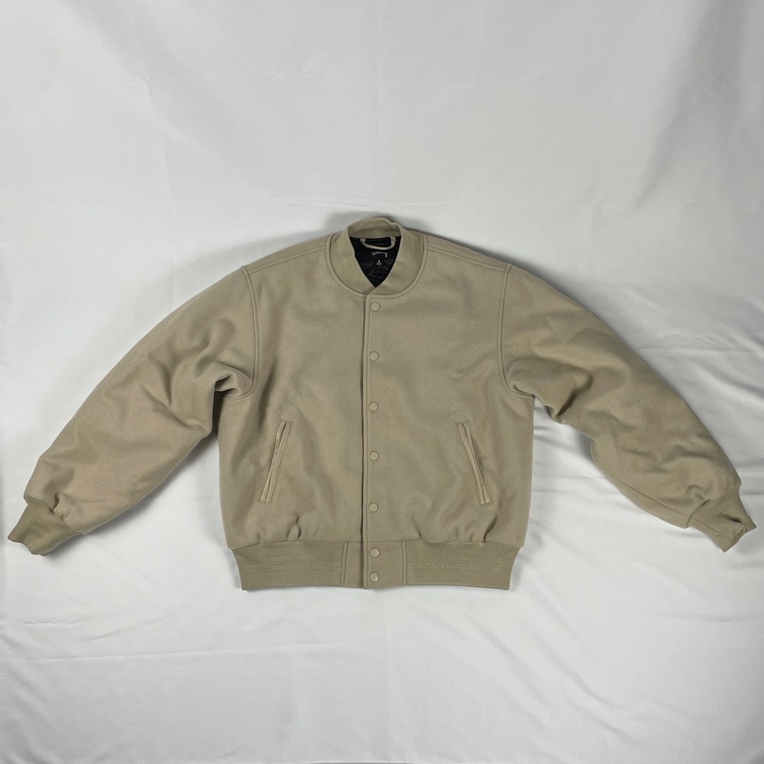 Stussy Sport Melton Varsity Jacket Oatmeal, Men's Fashion, Coats