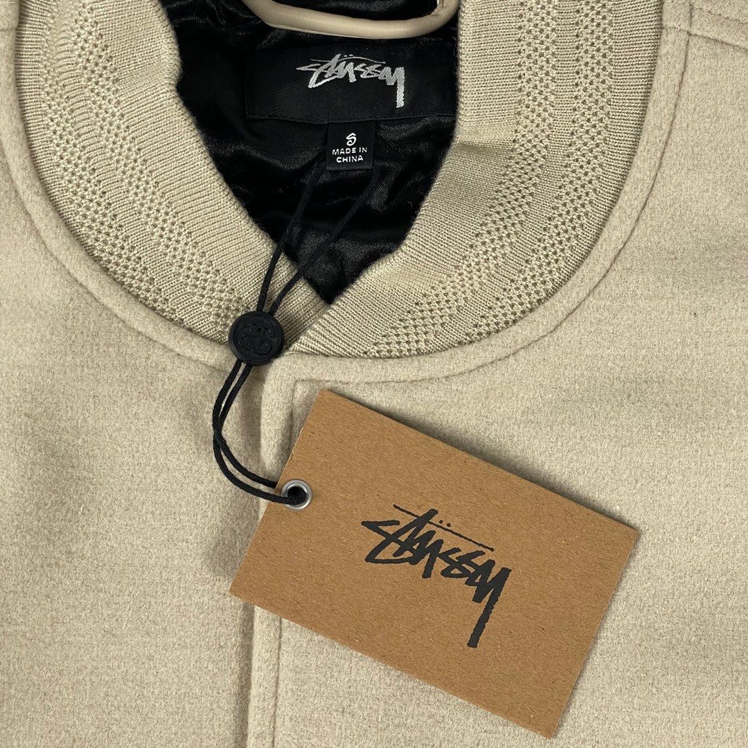 Stussy Sport Melton Varsity Jacket Oatmeal, Men's Fashion, Coats