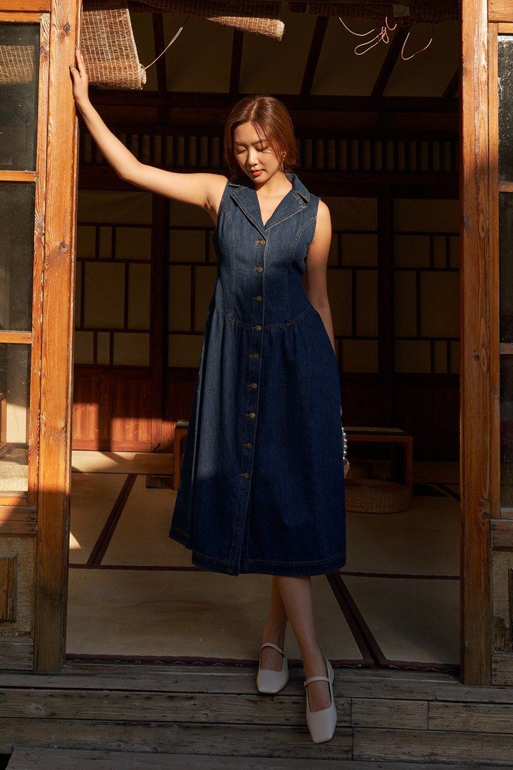 Aelicia Mini Dress - Button Through Denim Dress in Mid Blue Wash