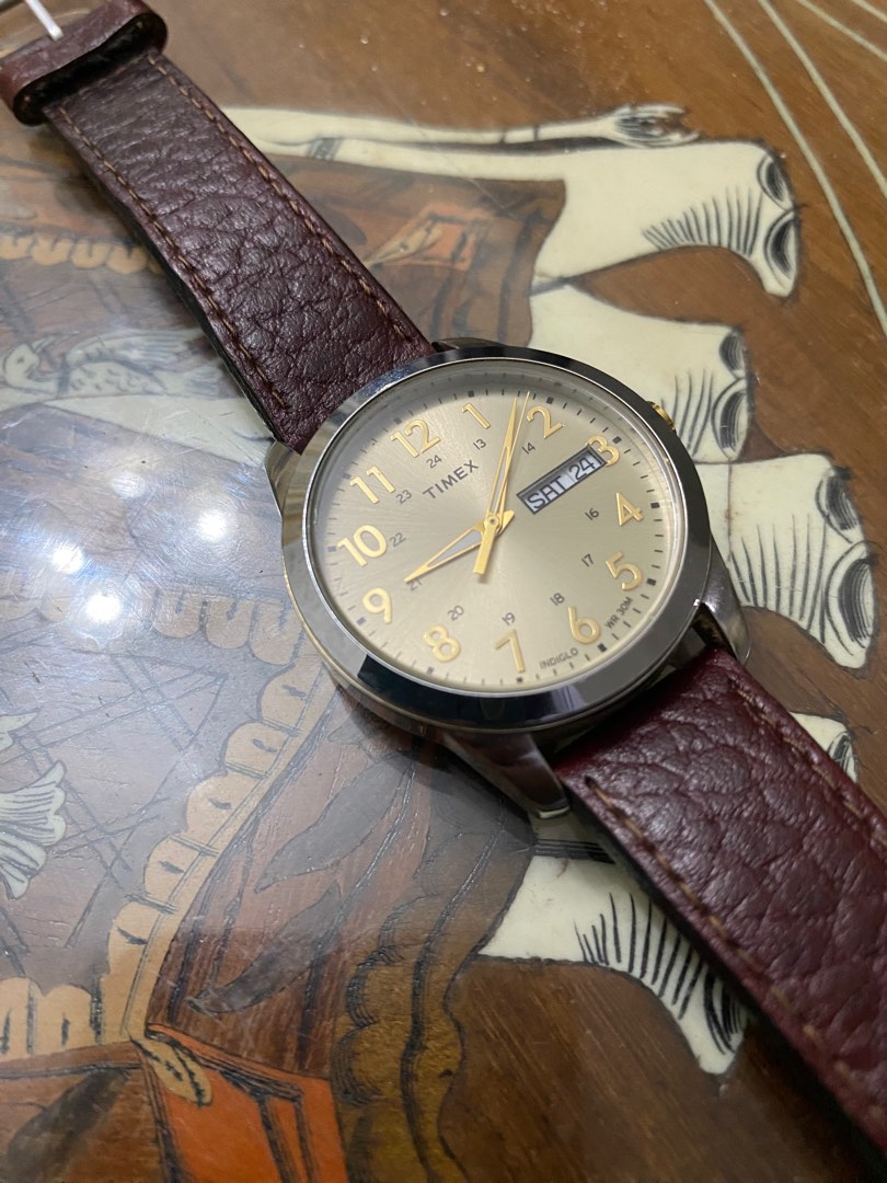 TIMEX brown leather strap pale yellow dial watch Men s Fashion