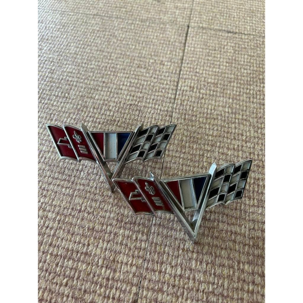 Chevy 327 V-Flag Fender Emblem Set - Fits Chevy II, Chevelle, Camaro - Includes Nuts-306849