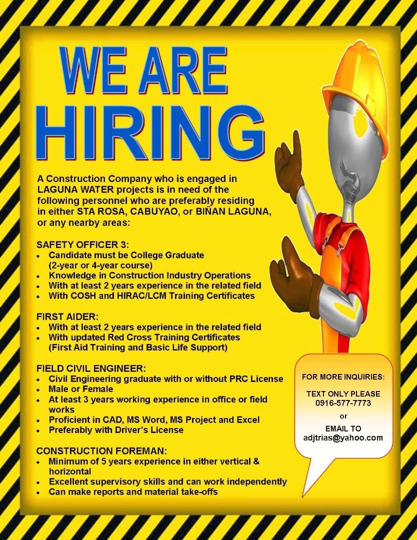 Wanted Civil Engineer, Safety Officer 3, Foreman and First Aider, Jobs