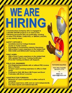 Wanted Civil Engineer, Safety Officer 3, Foreman and First Aider