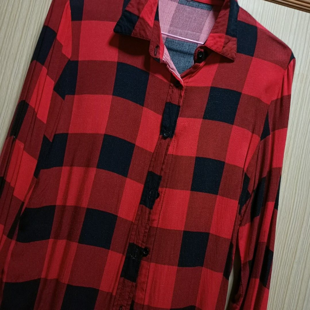 Womens Checked Shirt Ladies Red & Black Plaid Check Casual Shirt Summer  Tops UK