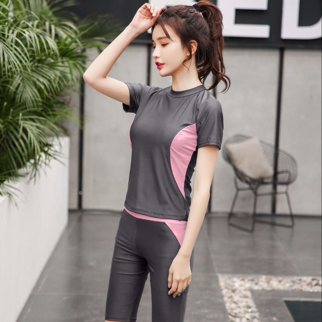2 Pcs Women Swimming Suit Swim Wear Ladies Swimwear Two Piece Swimsuit Short Sleeve Top Shirt Bottom Short 5 Point Long Pants