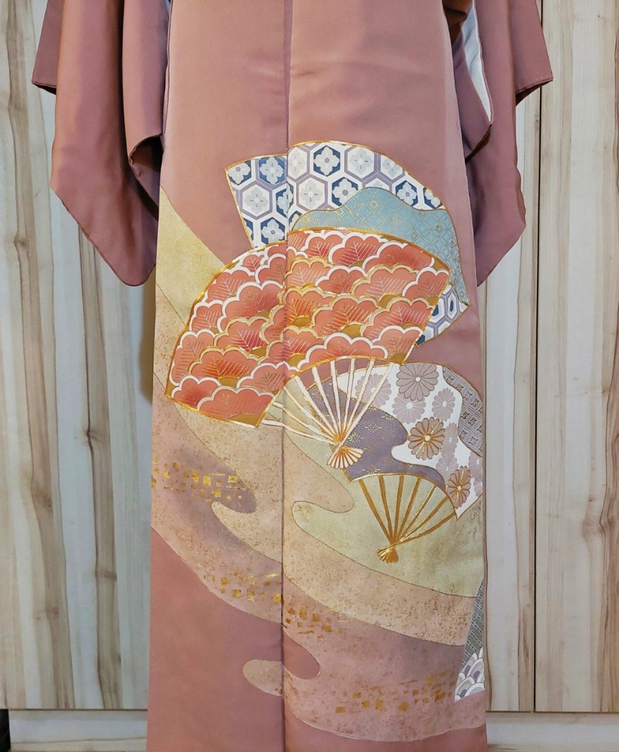 薄柿色豪華色留袖駒刺繡金彩扇面吉祥花松紋日本正統和服正絹, 她的時尚