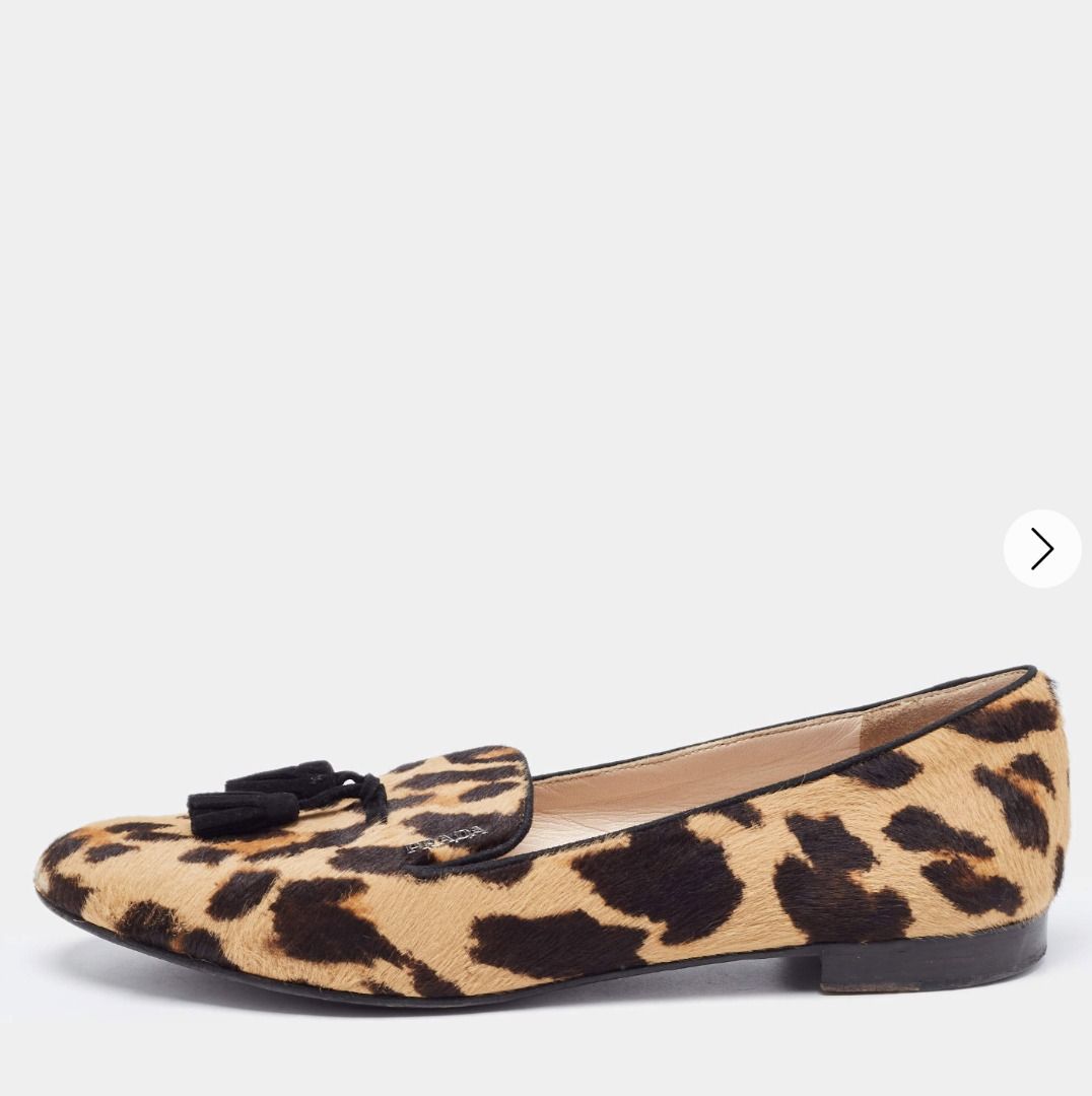 Beige Brown Leopard Print Calf Hair Smoking Slippers Size 38.5
