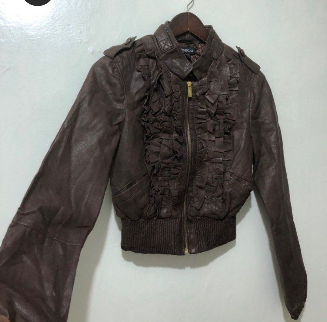 BEBE Genuine Leather Crop Jacket with ruffles Women s Fashion Coats Jackets and Outerwear on Carousell
