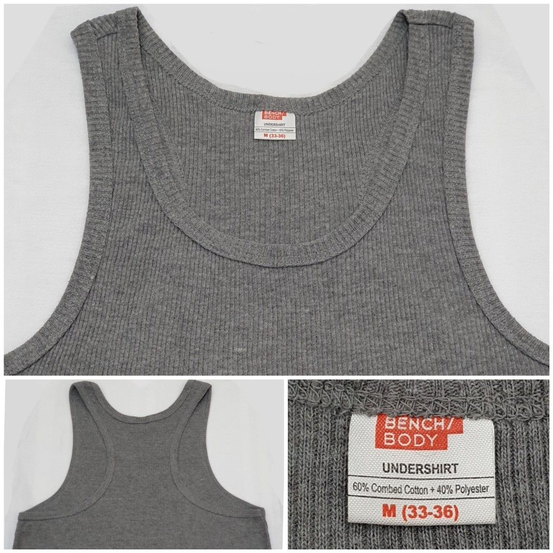 Bench Body Preloved Sleeveless Undershirt (Category: Underwear) located in Paranaque City. Submitted by fcdm_olsell (Listing ID 1284353416, Image 1). Description: - Brand: Bench Body - 100% Authentic - Size: M on tag - Width (Body): 16.5 inches * Good for up to 32 inches waistline - Length (Shoulder to Bottom): 24.5 inches * Good for up to 5'8" tall - Material: 60% Combed Cotton, 40% Polyester - Color: Gray (See Photos) - Condition: Like New (No 