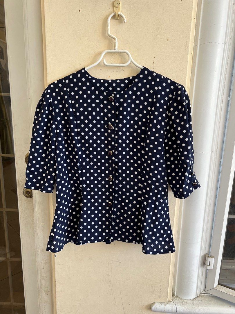 Blue and white polka peplum (Category: Blouses) located in Davao. Submitted by thedeclutterMD (Listing ID 1284476054, Image 1). Description: Bust 38in.