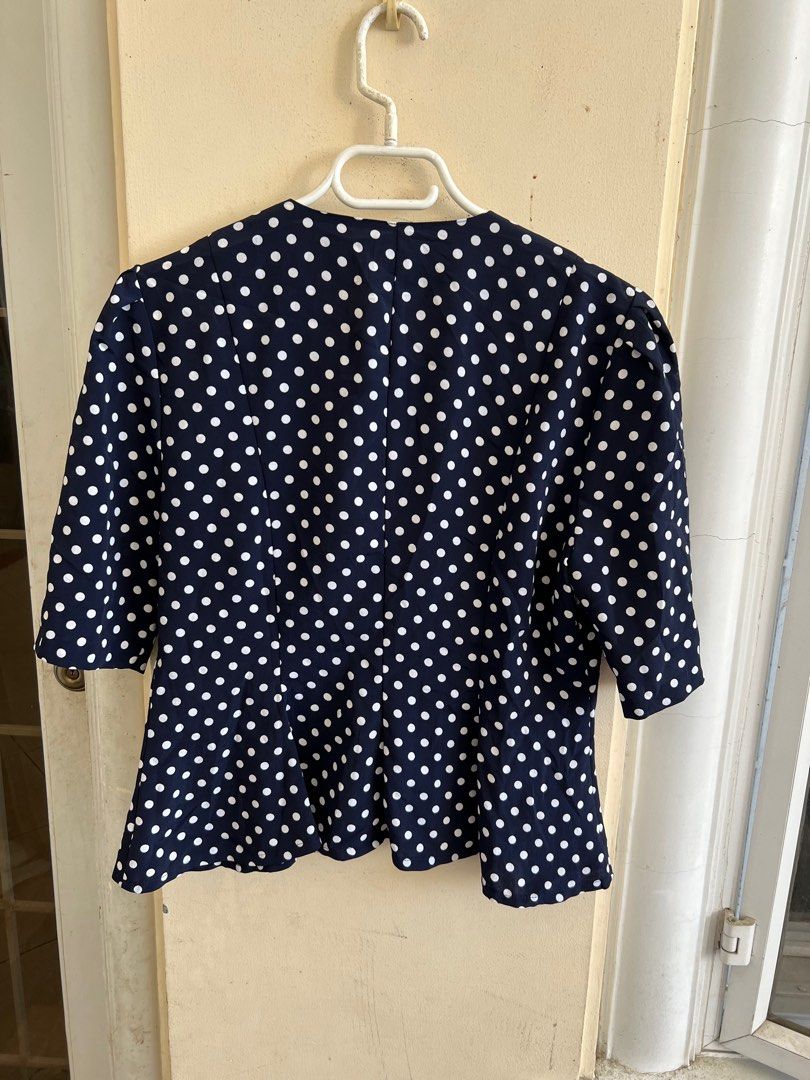 Blue and white polka peplum (Category: Blouses) located in Davao. Submitted by thedeclutterMD (Listing ID 1284476054, Image 2). Description: Bust 38in.