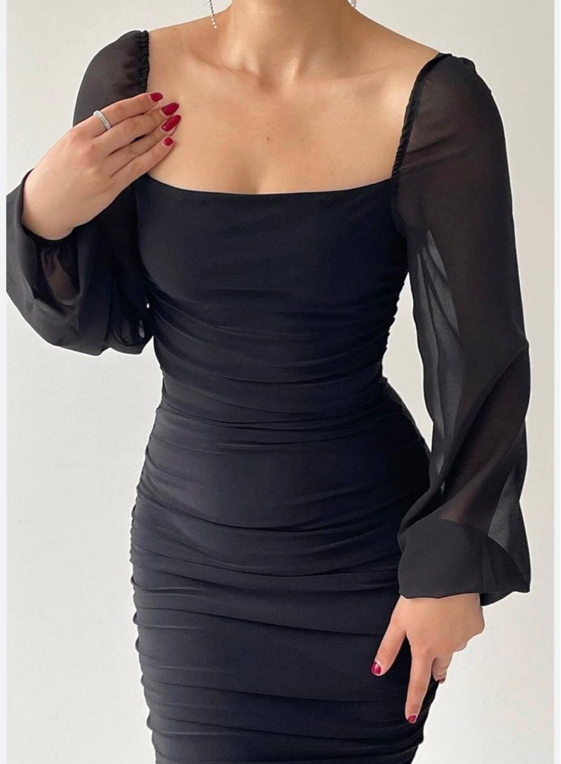 BRAND NEW RUE21 black dress longsleeve see through ruched bodycon