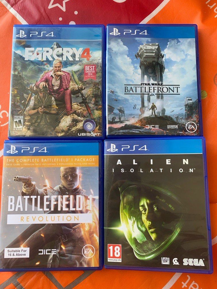 Bundle PS4 (Category: PlayStation) located in Singapore. Submitted by weird1356 (Listing ID 1284354051, Image 1). Description: 1 for $15 Buy all for $40 1. Farcry 4 2. Battlefield 1 revolution 3. Star Wars Battlefront 4. Alien Isolation (sold).