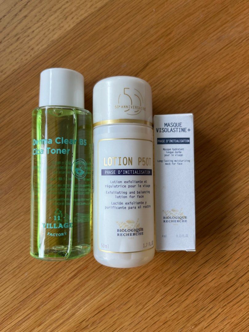 Face stuff (Category: Face Care) located in Singapore. Submitted by fartbear (Listing ID 1284430821, Image 1). Description: Right to left: 1. Village 11 Factor Derma Clear B5 cica toner 50ml $2 2. Biologique rocherche P50T, 50ml $25 3. Biologique rocherche Masque Visolastine+ 4ml $10 .