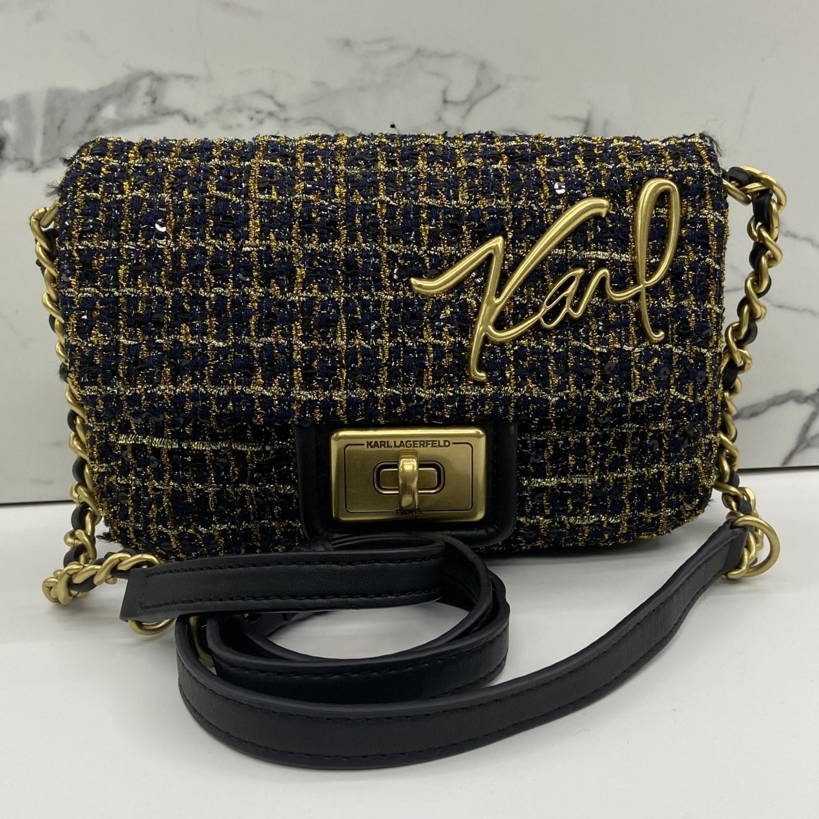 KARL LAGERFELD BLACK GOLD TWEED CHAIN SHOULDER BAG 247002580 AL Luxury Bags Wallets on Carousell