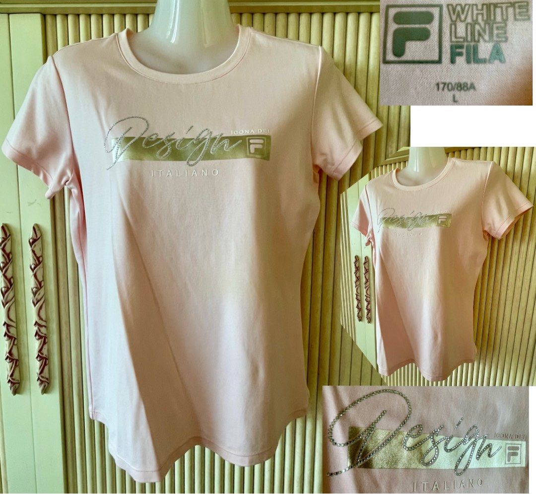 New Authentic Fila Pastel pink crystal studded Designa Italiano short sleeve stretch Top sz L 170 88A