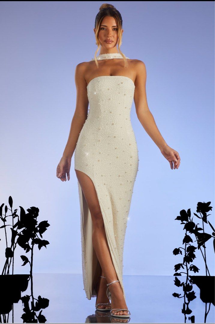 slim fit dress slacks Nerea | Gold Sequin Bandeau Maxi Dress with Front High-Split