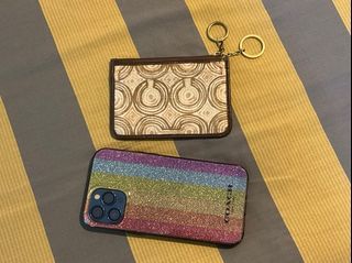 Preowned Vintage Like New Condition Coach Audrey OP ART Signature Card Case Keychain Wallet Purse KHAKI DARK BROWN