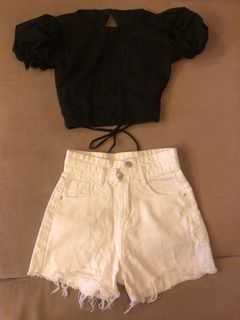 Puff Sleeves Crop Top & Hi-Waist White Denim Shorts